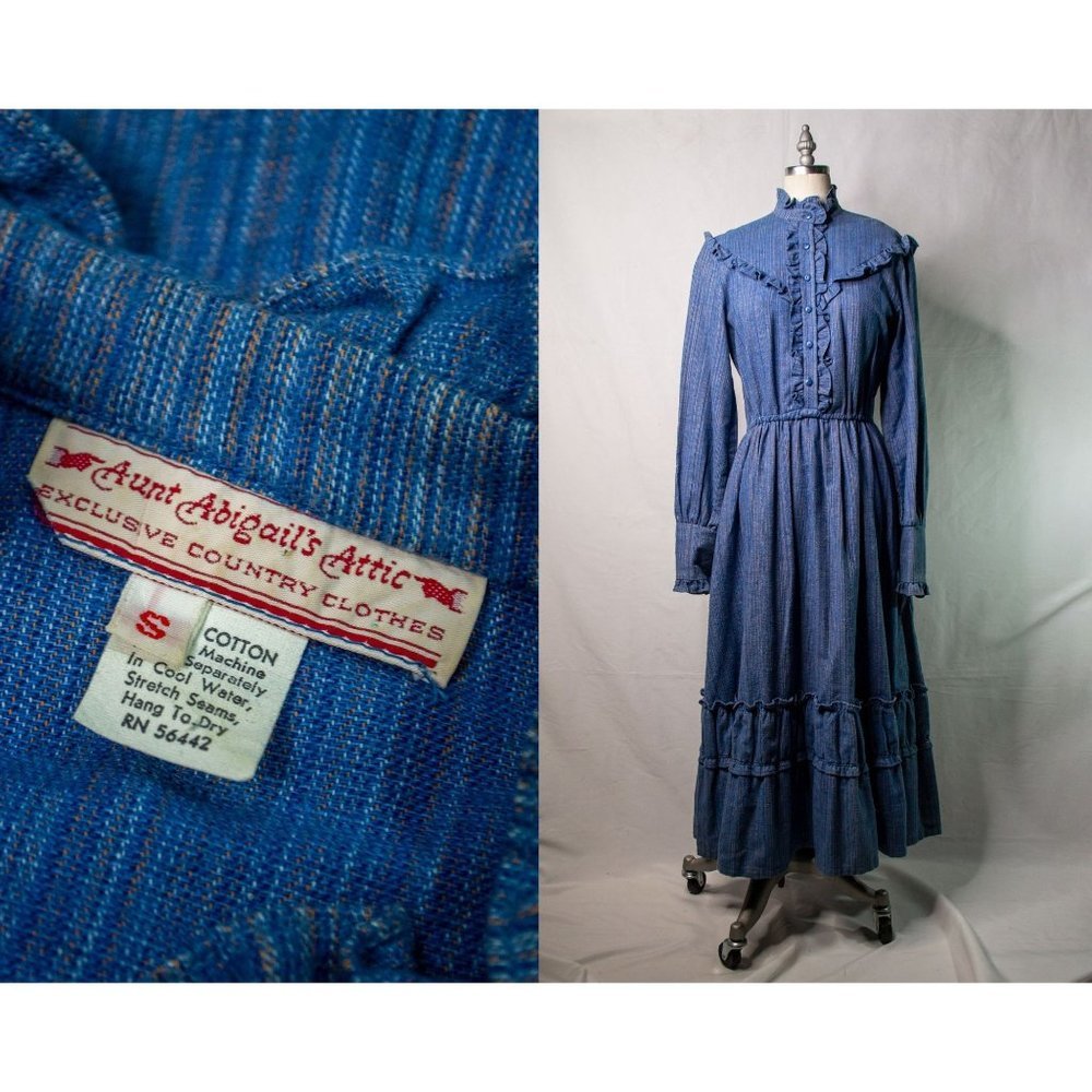 Vintage 1970s 1980s Aunt Abigails Attic Blue Striped Prairie Granny Dress